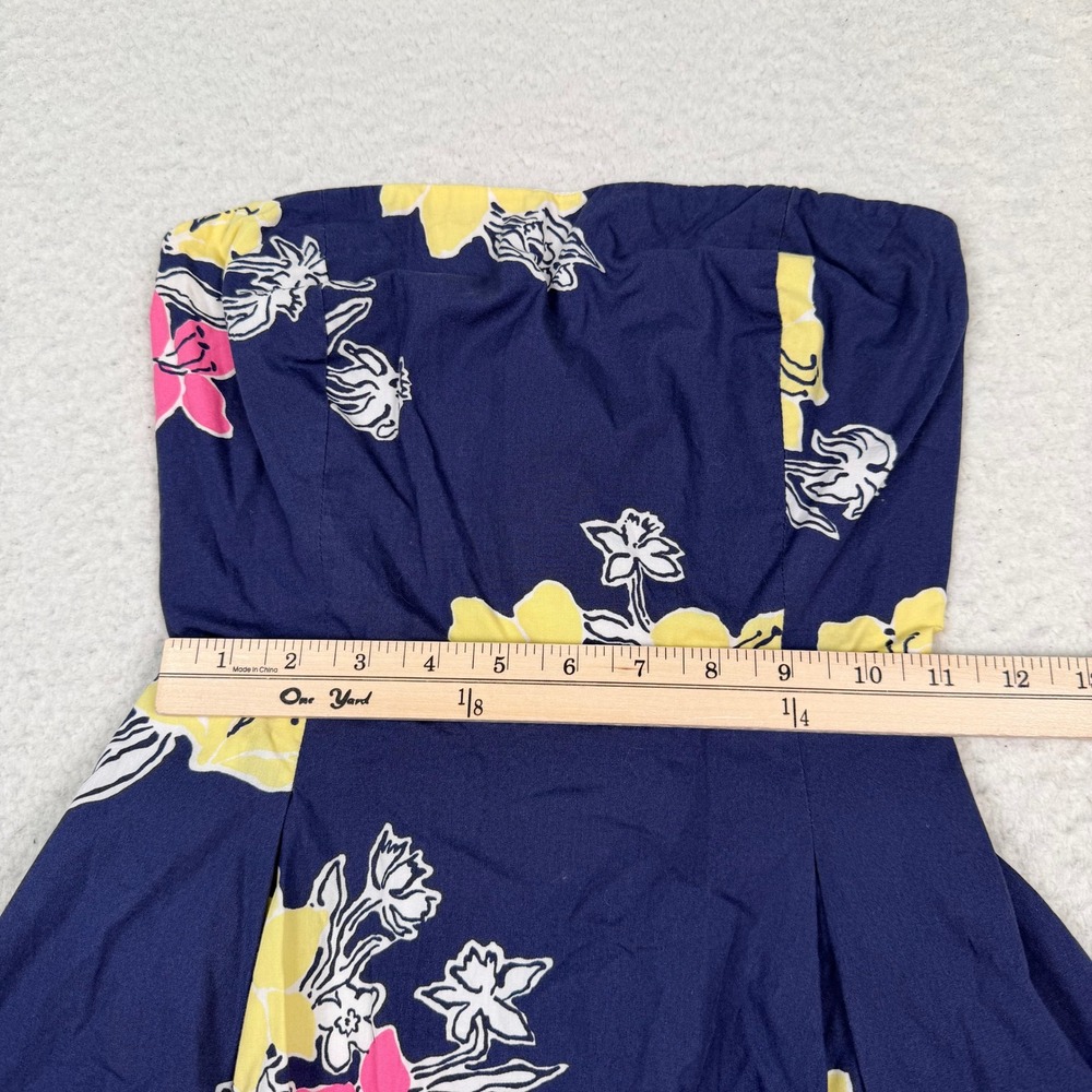 Lilly Pulitzer Strapless Dress 2 Navy Blue Floral Fit Flare Cotton Cruise Beach - Picture 8 of 13